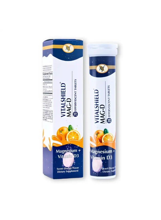 Vitalshield Mag-D Magnesium + Vitamin D3 Effervescent Tablets – Sweet Orange Flavor (20 Tablets)